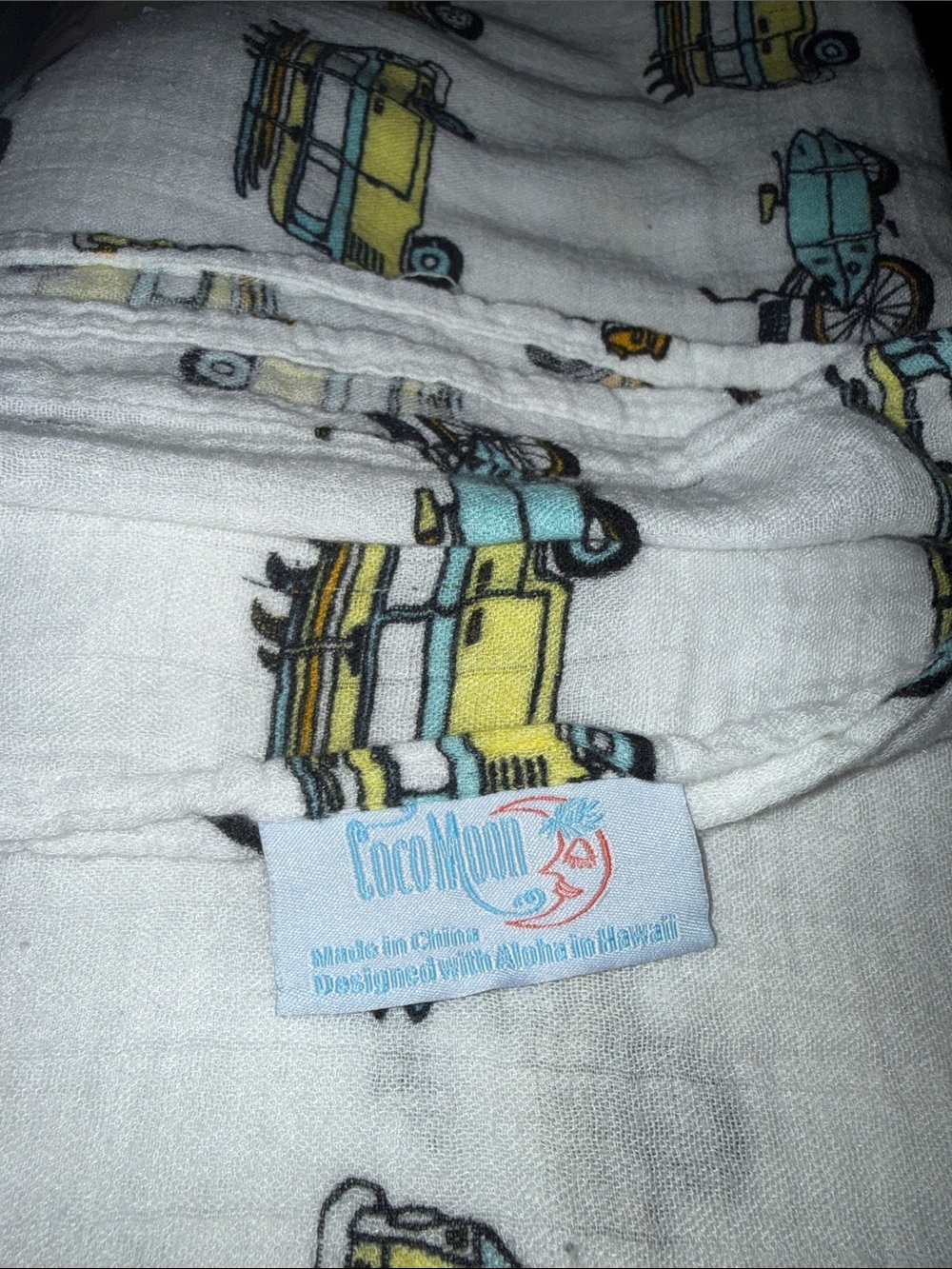 CocoMoon Kids White Muslin Swaddle Blanket Yellow & Blue Surf Van Print 0026